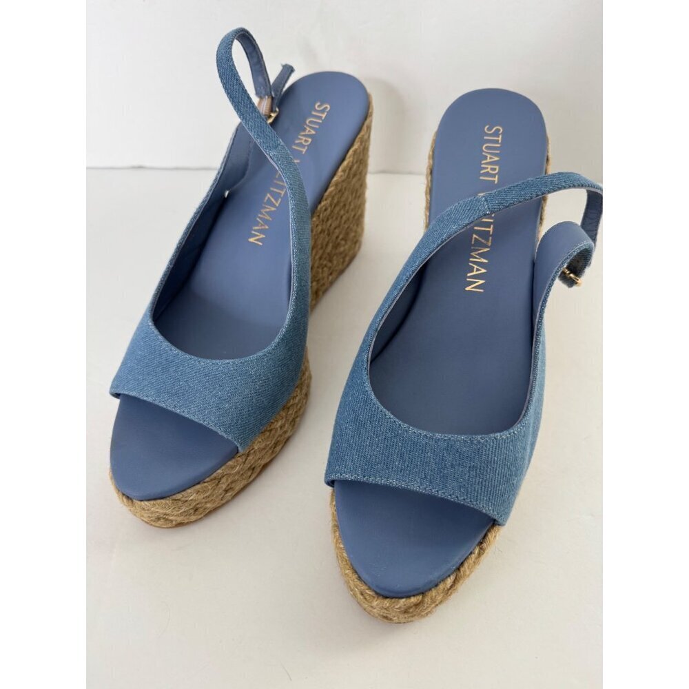 Stuart Weitzman Island Espadrille Wedge Sandal Peep Toe Jute & Denim Size 11 - Picture 6 of 9